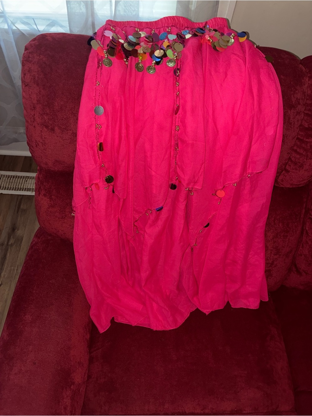 Vibrant Hot Pink Belly Dance Skirt with Coin Trim